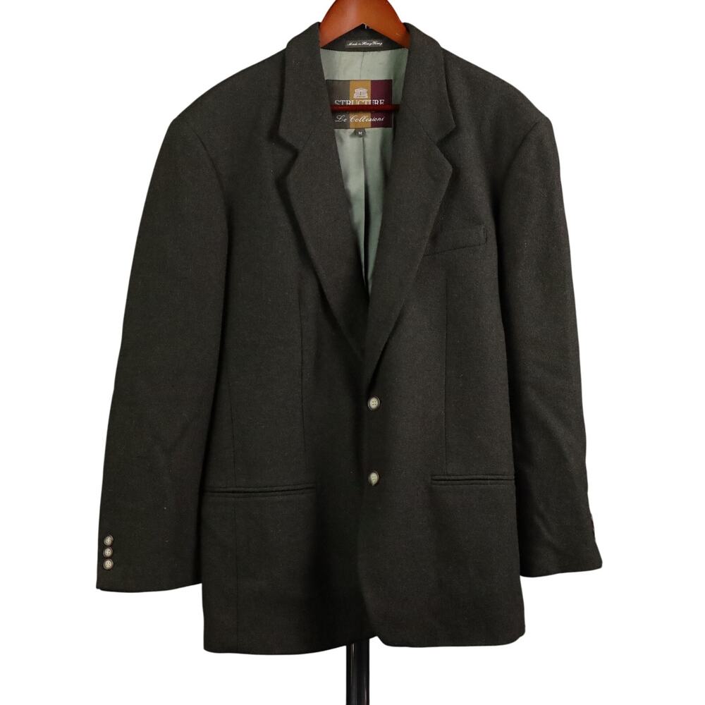VINTAGE Structure Blazer Jacket Mens M Wool Cashmere Olive Green Hong Kong 90s